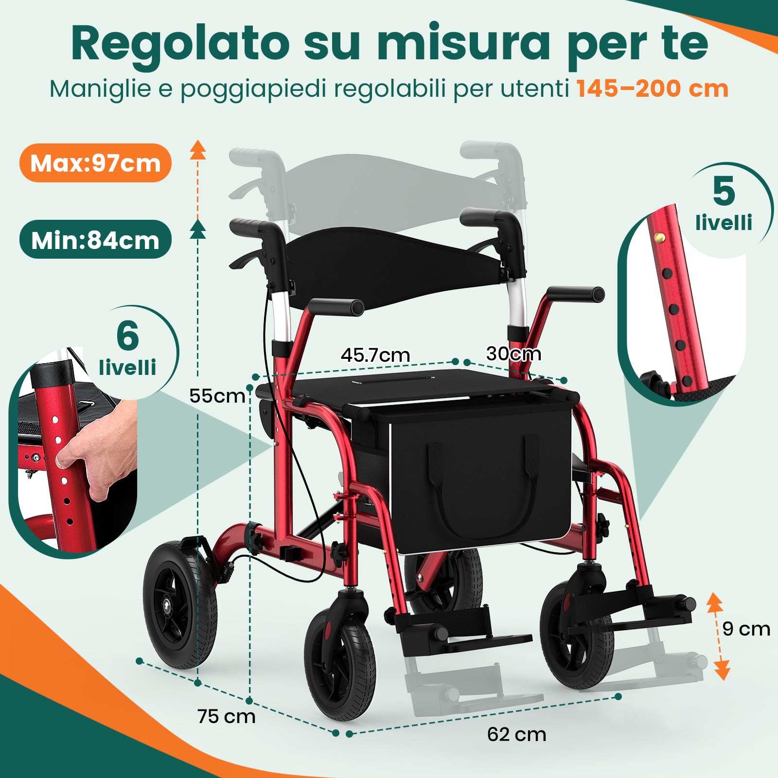 Rollator con seduta 2-in-1, Rollator 4 ruote & Sedia da trasporto, Portata 136 kg, Ruote TPU 8"" anteriori & 10"" posteriori, Doppio freno, Pieghevole, Altezza regolabile, Borsa portaoggetti – Rosso