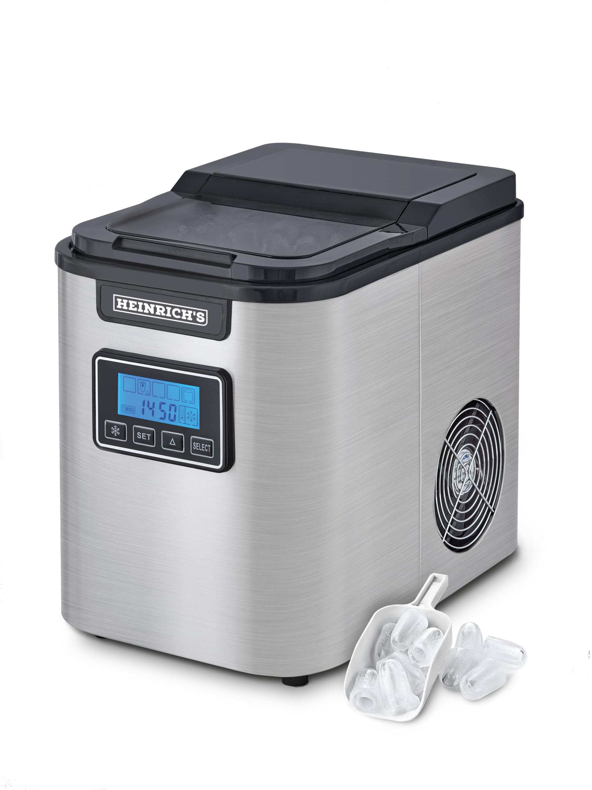 HEINRICHS Eiswürfelmaschine, Eiswürfelbereiter mit Timer, 3 einstellbare Eiswürfelgrößen, LCD-Display, 2,2 Liter Wassertank, Selbstreinigungsfunktion, Edelstahl, 120 W Leistung Heinrich´s