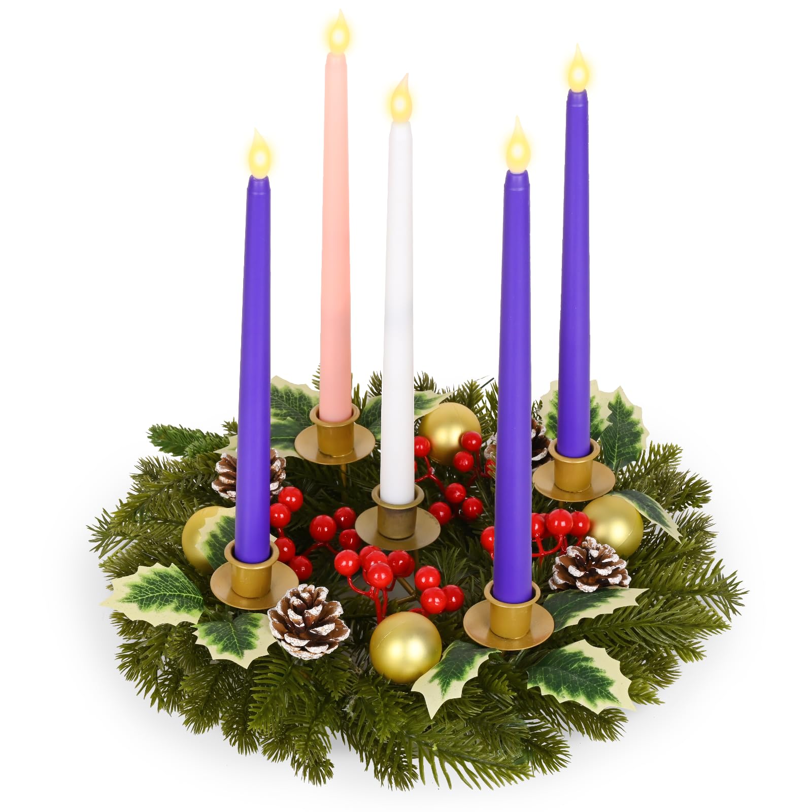 Waipfaru Lot de 6 couronnes de l'Avent avec 5 bougies artificielles sans flamme, couronne de l'Avent de 30,5 cm et ensemble de bougies, décorations de table pour table, intérieur, maison, église