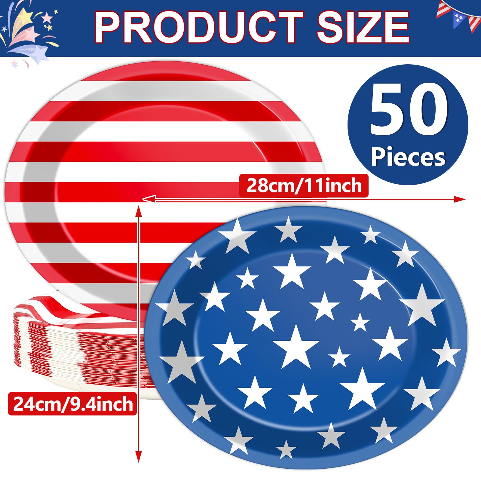 Qyeahkj 50 PCS Patriotic Oval Paper Plates Large 11” Disposable 4th of July American Flag Party Decorations Independence Day Supplies Favor for Veterans Election Day Memorial Day Party Tableware Set