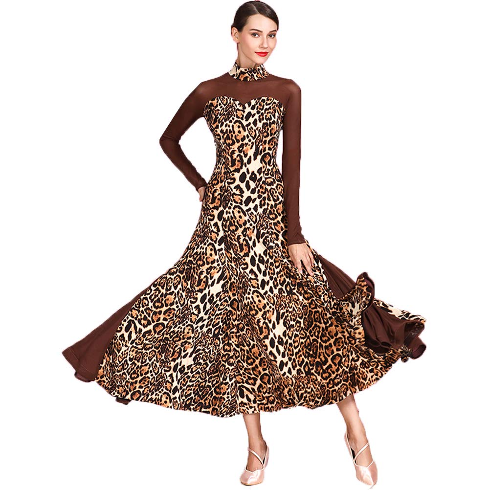 Vestidos De Baile De Salón De Manga Larga Ropa De Baile De Vals con Estampado De Leopardo para Mujer Conjunto para Práctica De Salsa De Estampado Ropa De Flamenco con Gran Vuelo