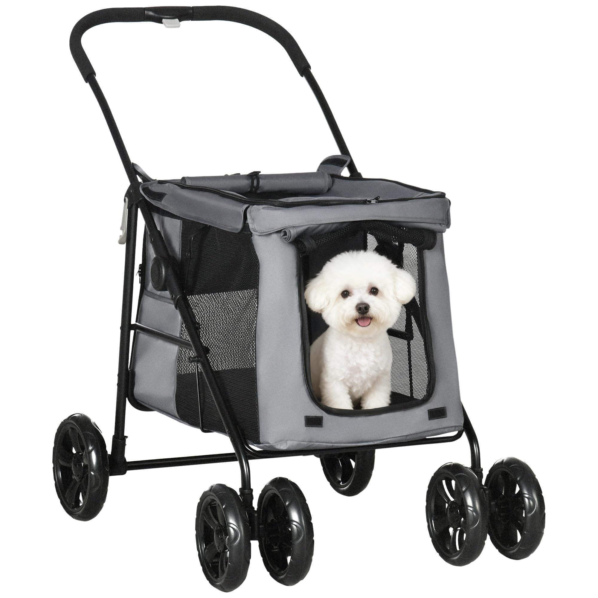 – PawHut Dog Pram Dog Stroller 4 Wheels Pet Pushchair with Rolling Door, Cushion, Safety Leashes, for Small and Medium Breeds, Grey