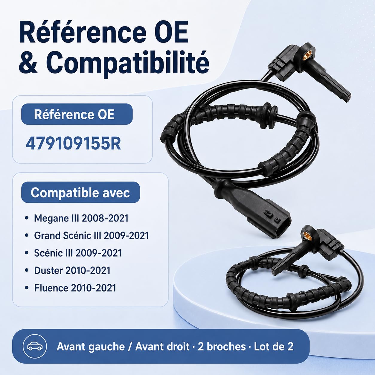 2x Capteurs ABS Avant Gauche Avant Droit 479109155R Compatible avec Renault Megane III Grand Scénic III Scénic III Fluence Compatible avec Dacia Duster Capteur de Vitesse de Roue 2 Broches