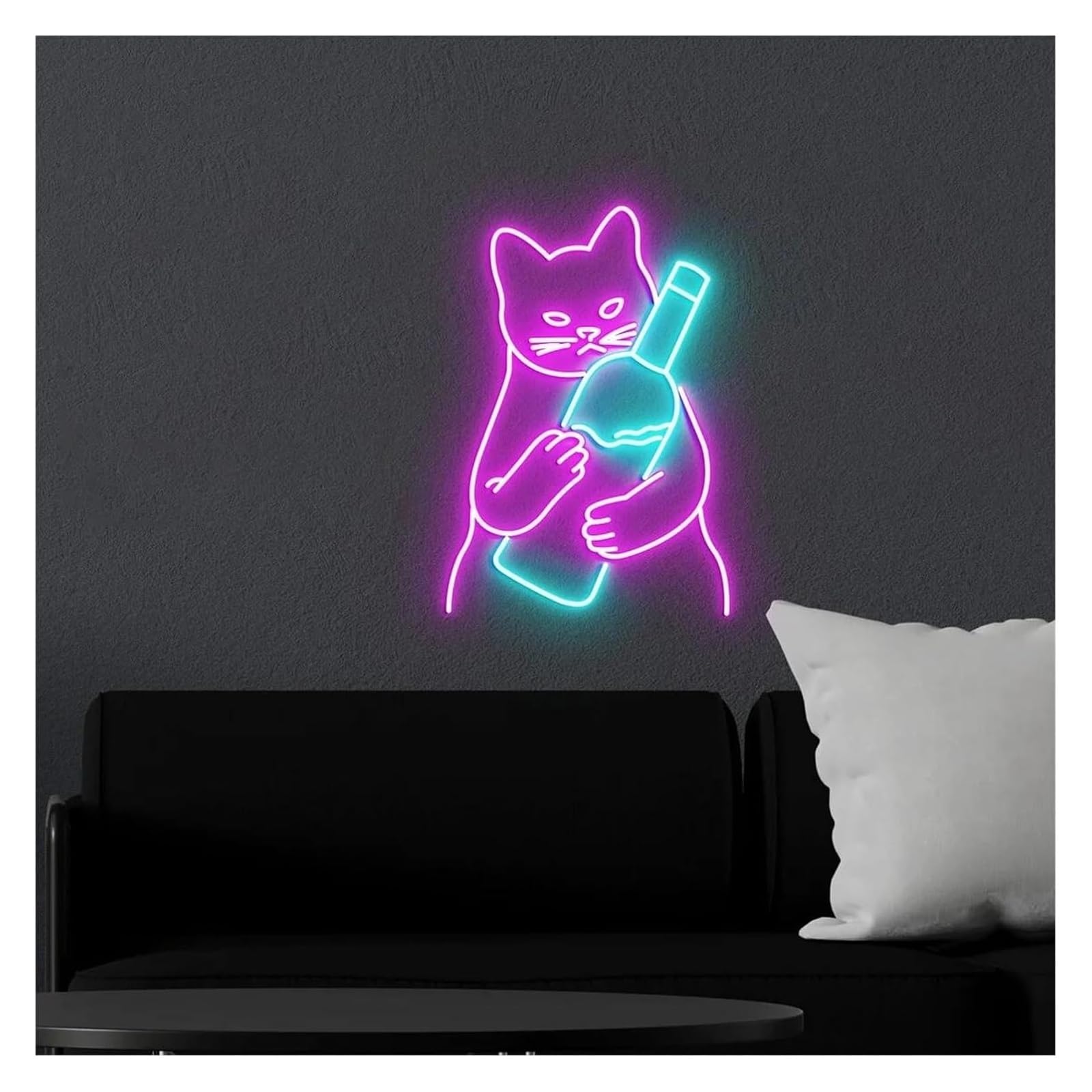 Señal de luz de neón Lámpara de gato con ambiente relajante y letrero neón forma botella vino para bar, club, cervecería o cumpleaños(C)