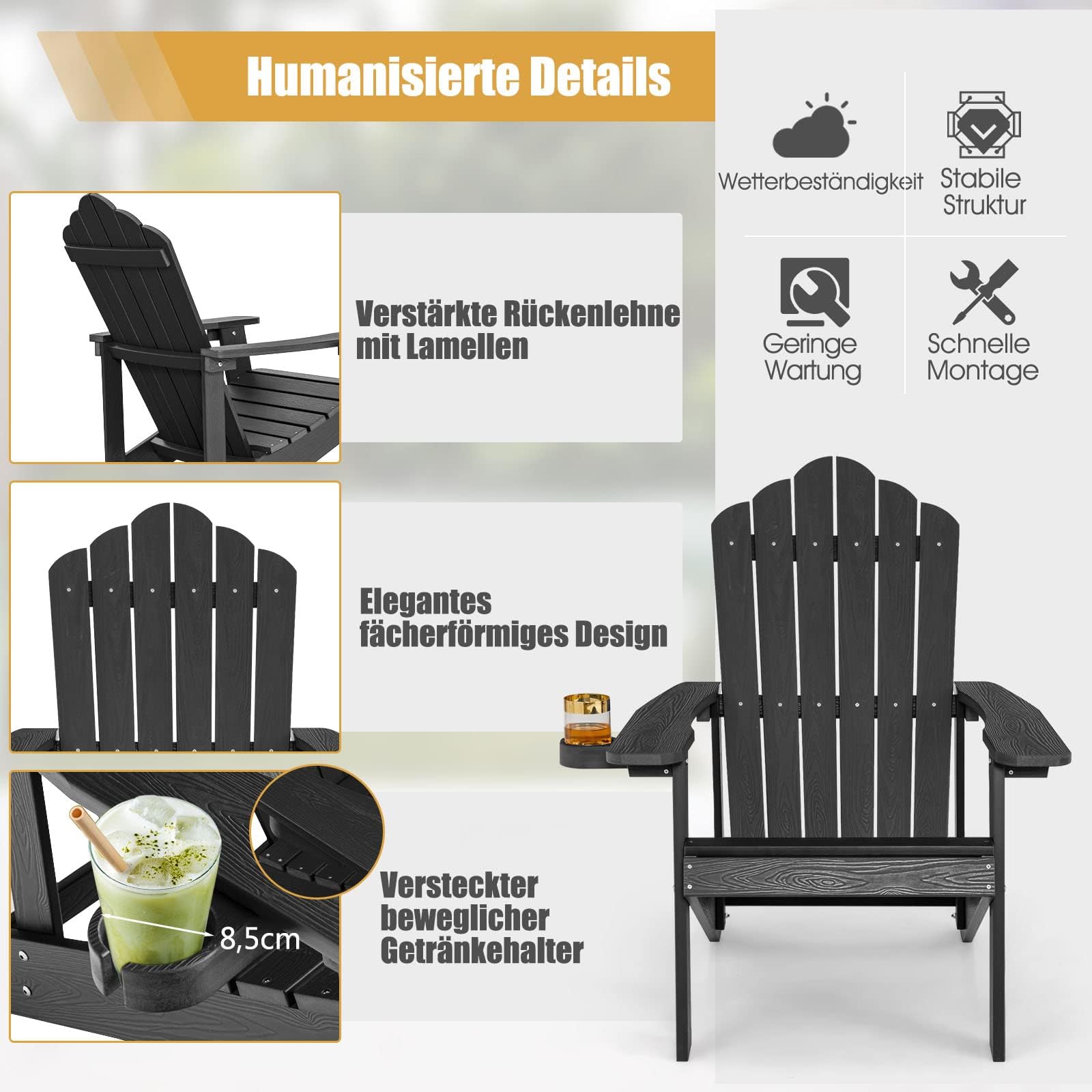 FANTASK Adirondack Chaise de Jardin en Plastique avec Porte-gobelet, résistante aux intempéries, capacité de Charge de 170 kg, Noire