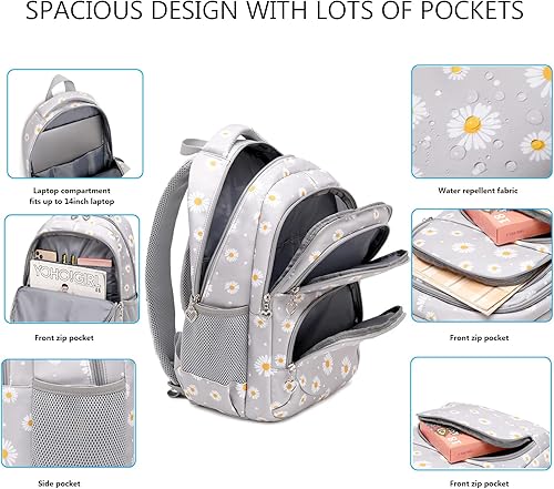 Miniatura 4 de goldwheat Mochilas impresas margaritas con paquete de almuerzo, estuche de lápices 3pcs, bolsa ligera resistente al agua para la escuela secundaria