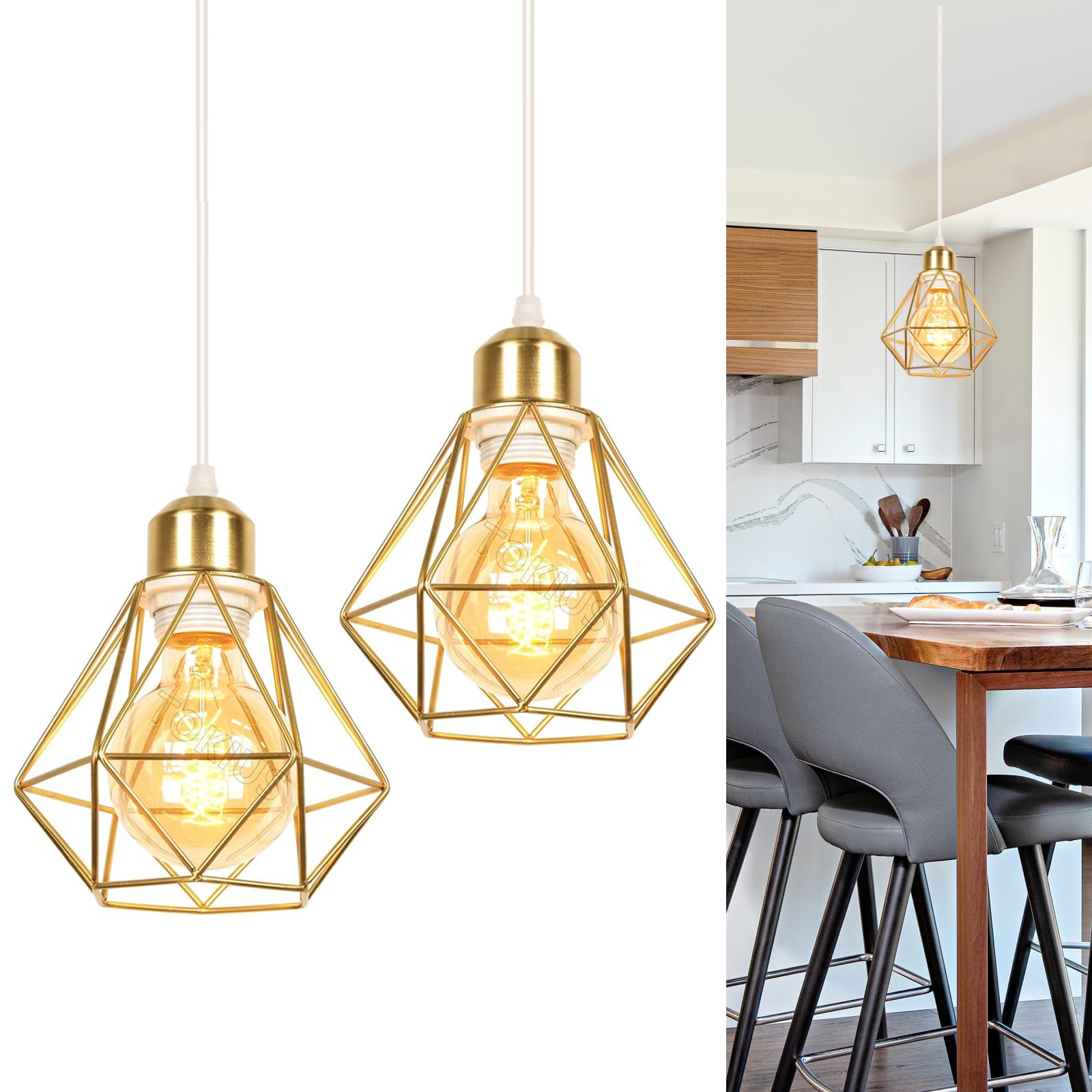 Lot de 2 Suspensions Luminaires Industrielles Lustres Métal Rétro forme Cage Ø160mm Plafonnier E27 Doré Lampe pour Salon Chmabre Cuisine (Lustre-2pcs)