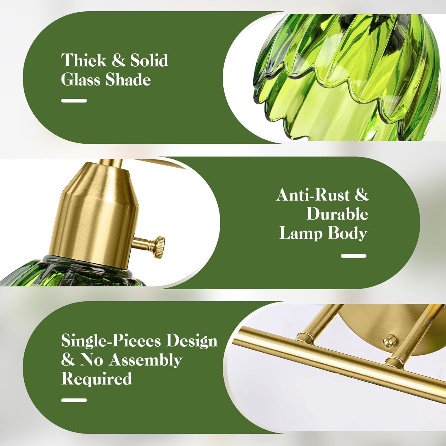 Bathroom Light Fixtures, 2-Light Gold Vanity Light for Bathroom with Green Tulip Glass Shade, Vintage Brass Wall Lighting Fixture Over Mirror, Vanity Wall Lamp for Bedroom Living Room Hallway