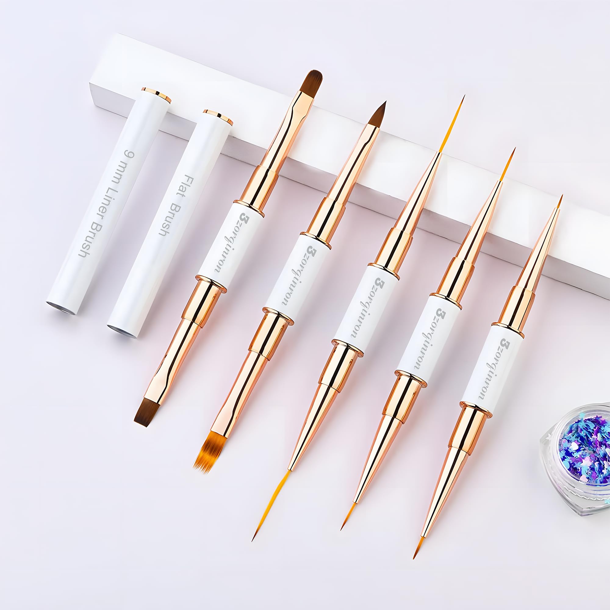 Pinceles para arte de uñas, juego profesional de 5 pinceles acrílicos de doble punta para detalles, líneas largas, diseño degradado y 3D, perfecto para manicura y salones de belleza (blanco)
