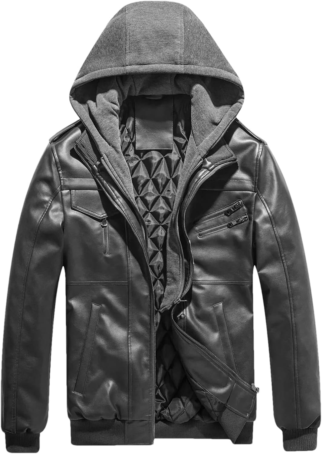 Men's Leather Jacket Fashion Stand Collar Cotton Warm PU Faux Leather Zip-Up Hooded Motorcycle Coats