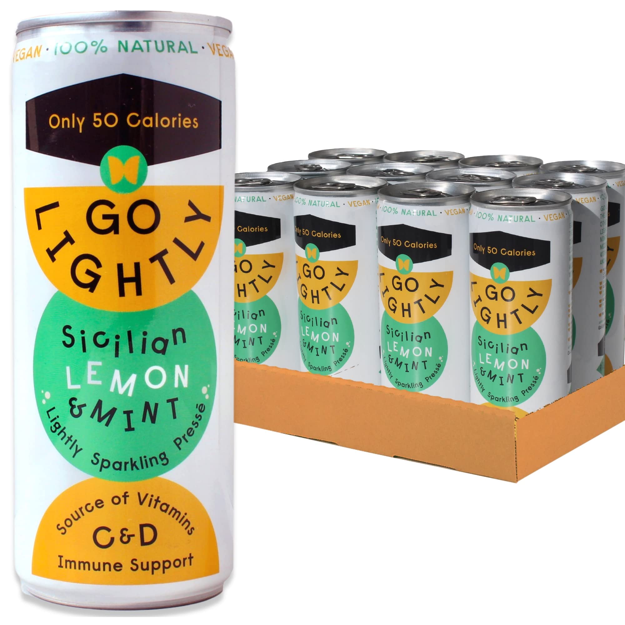 Go Lightly Sicilian Lemon & Mint Natural Sparkling Soft Drink - 12x250ml cans - 100% Natural, No Sweetener, No Stevia, Vegan, Low Calorie, Vitamins C & D - Positively Healthy