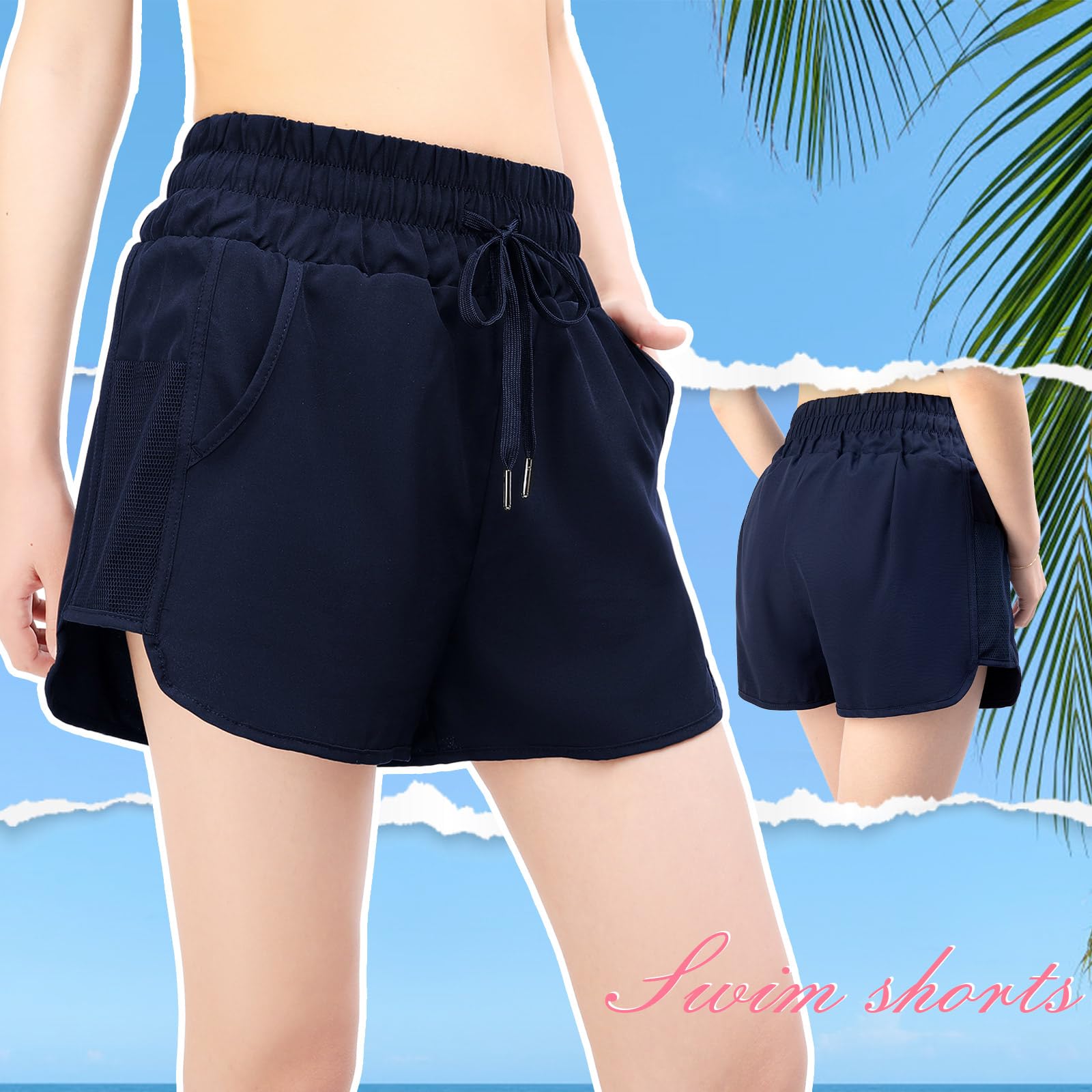 Pantalones cortos de natación para mujer, de cintura alta, de secado rápido, con cordón ajustable, pantalones cortos de surf con parte inferior y bolsillos