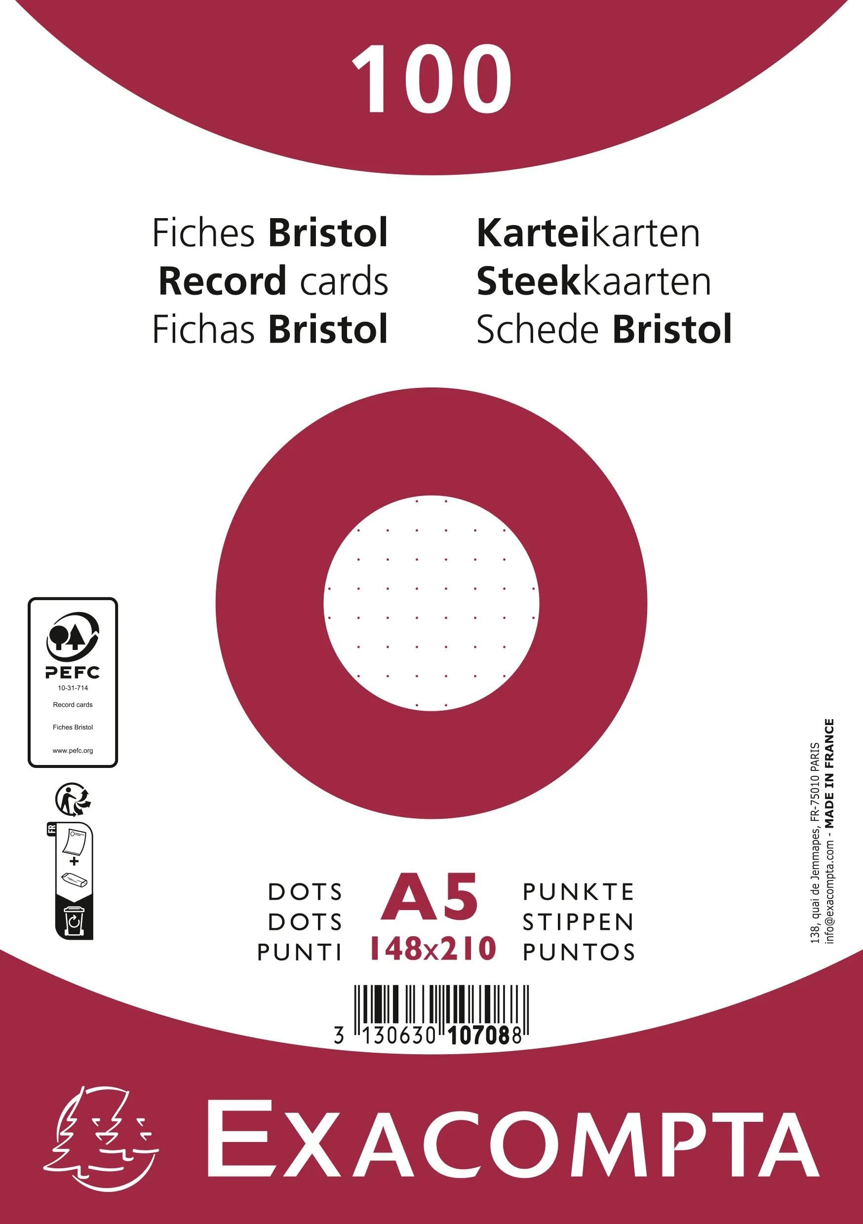 Exacompta - Ref 10708E - Box of 10 Packs of 100 Sheets in Film - Bristol dots not Perforated - Format 148 x 210 mm - Clairefontaine Paper PEFC Certified - White