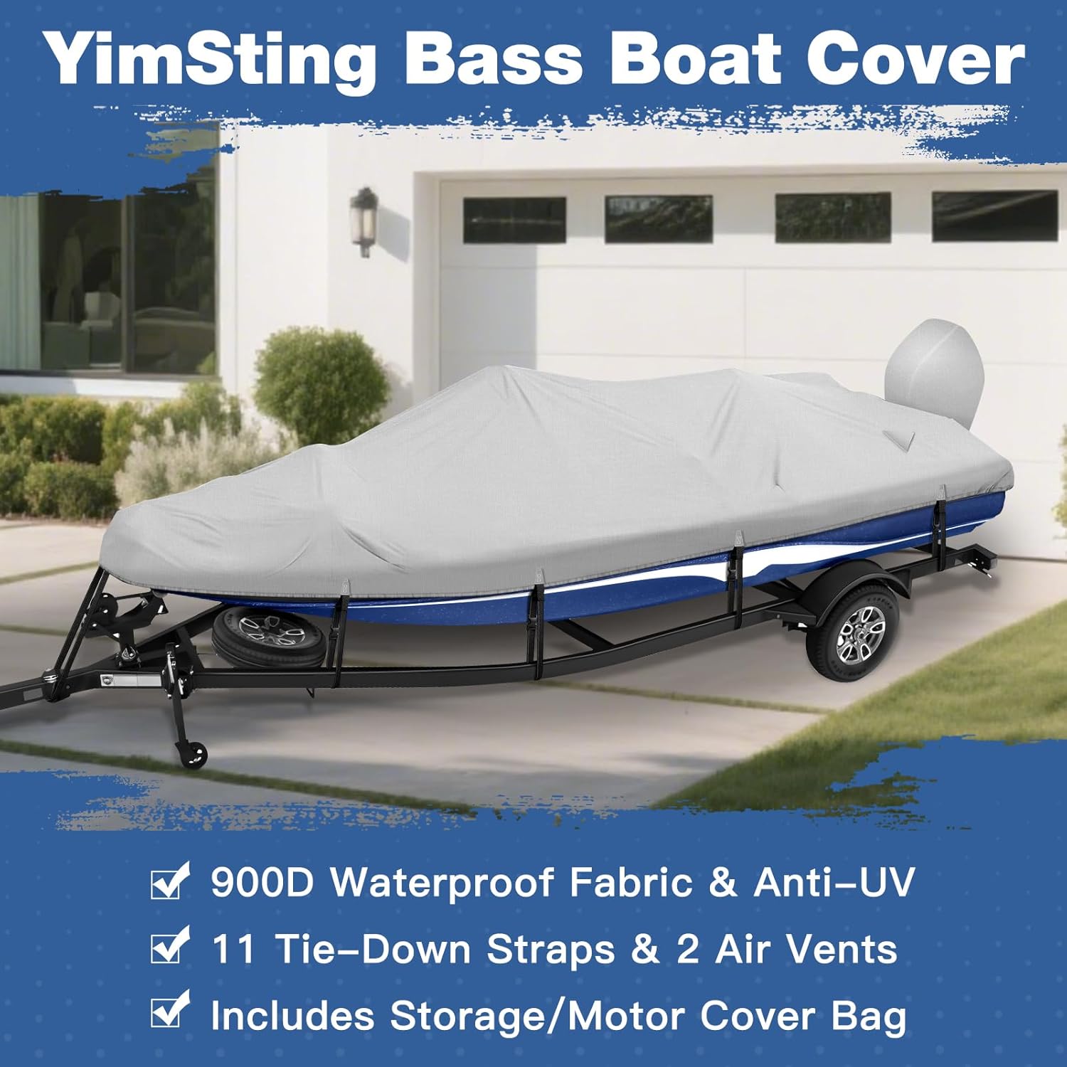 Boat Cover, Heavy Duty Boat Covers for Bass Tracker 16' 17' 18' Foot, 900D Waterproof Bass Boat Cover Fit 16-18.5ft V-Hull,Tri-Hull, Bass Boat, Gray