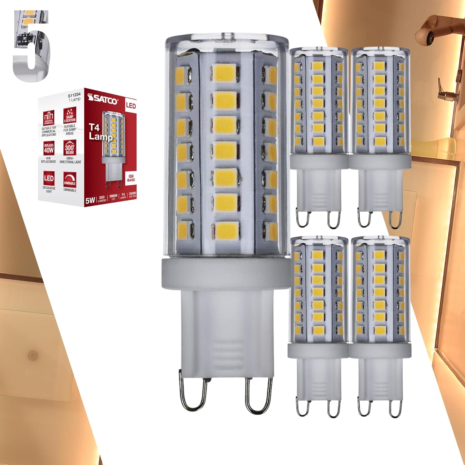 Satco S11234 5W/LED/G9/830/CL/120V/DIM – 5 Watt JCD LED; G9 Base; Clear Finish; 3000K; Soft White; 120 Volt; T4 Shape; 40W HID Equivalent; 2.13" MOL;for Lighting Applications(5 Pack)
