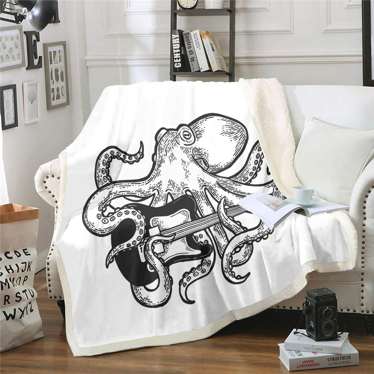 Loussiesd Octopus Fleece Blanket Guitar for Couch Bed Sofa Ocean Octopus Tentacles Sherpa Blanket Stain Resistant Rock Music Themed Room Decor Funny Baby 30"x40" Blanket