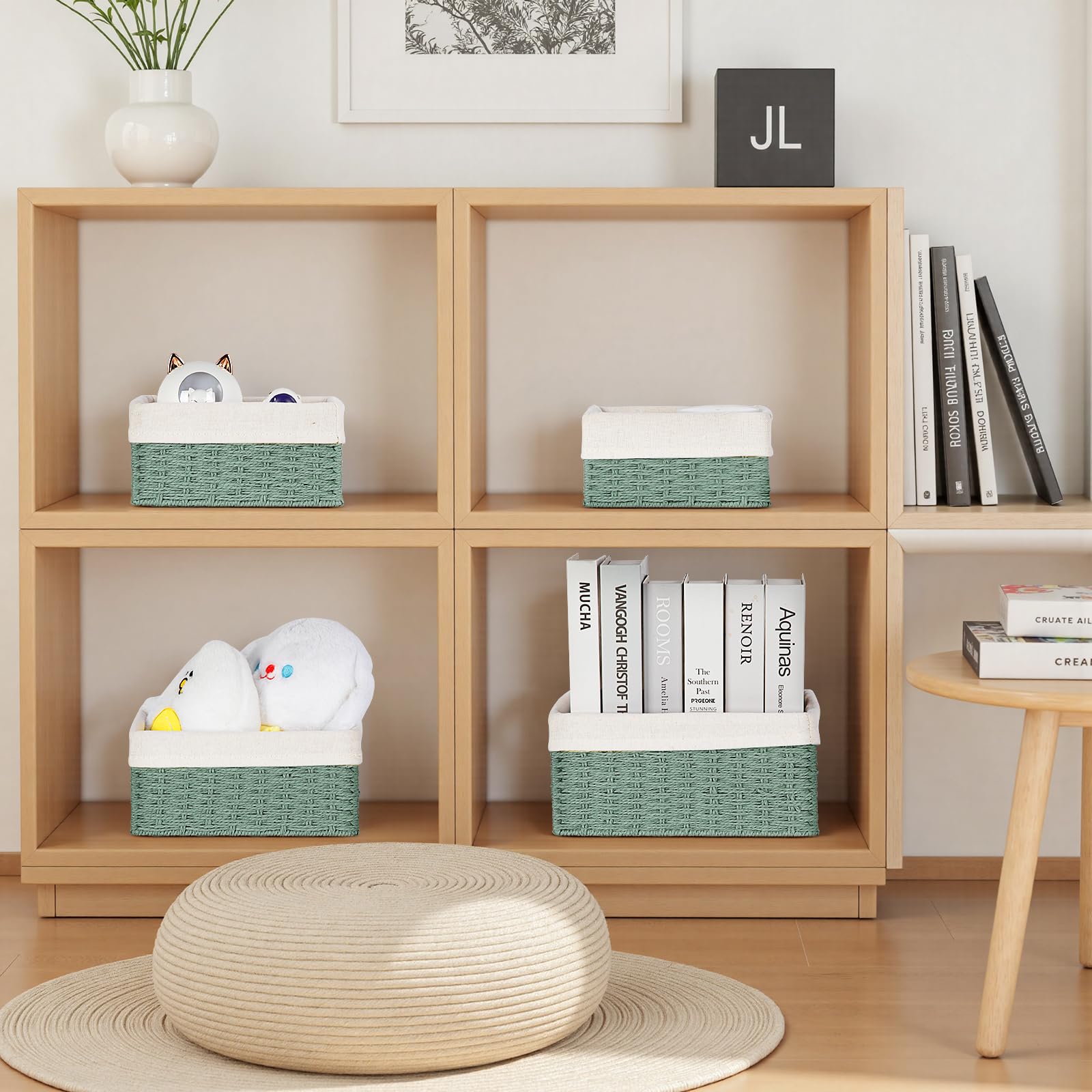 Cestini Portaoggetti, Set di 4 Cestino porta Giocattoli Cestino da Bagno Cesto Vimini Piccolo Bambini Cesto in Corda di Carta, per Camerette, Bagno, Cassetti, Cucine, Soggiorno (Verde)