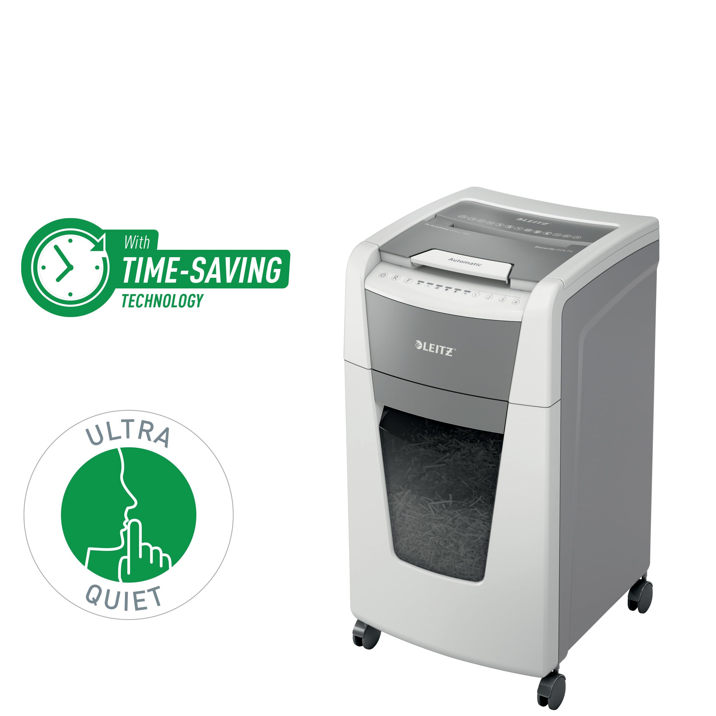 LEITZ IQ Autofeed 300 P-4 Office, Distruggidocumenti Automatico, 300 Fogli, Taglio a Frammenti, Sicurezza P-4, Capacità 60 litri, 80150000