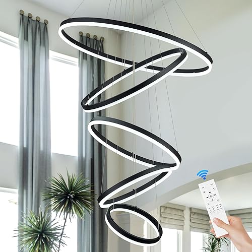 5 anillos D31.5 - Candelabro LED moderno negro, grande, regulable, con control remoto, lámparas circulares de techo alto para sala de estar,