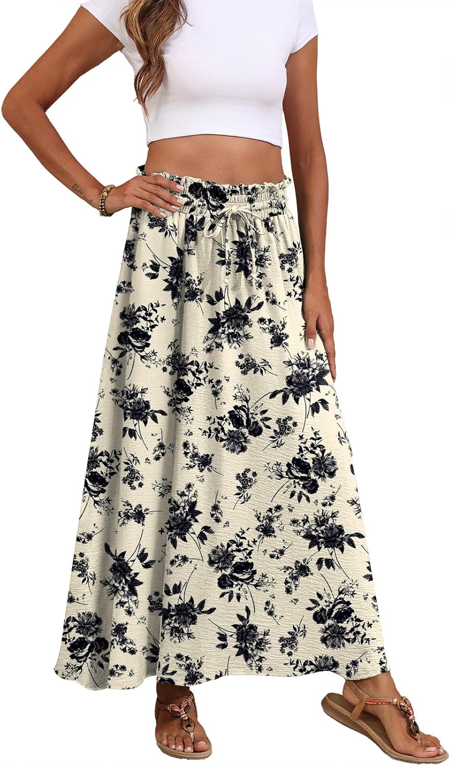 Askyes Womens Maxi Skirt Summer Tie Knot Elastic High Waisted Boho Casual Beach Flowy Swing Long Skirts with Pockets - Image 5