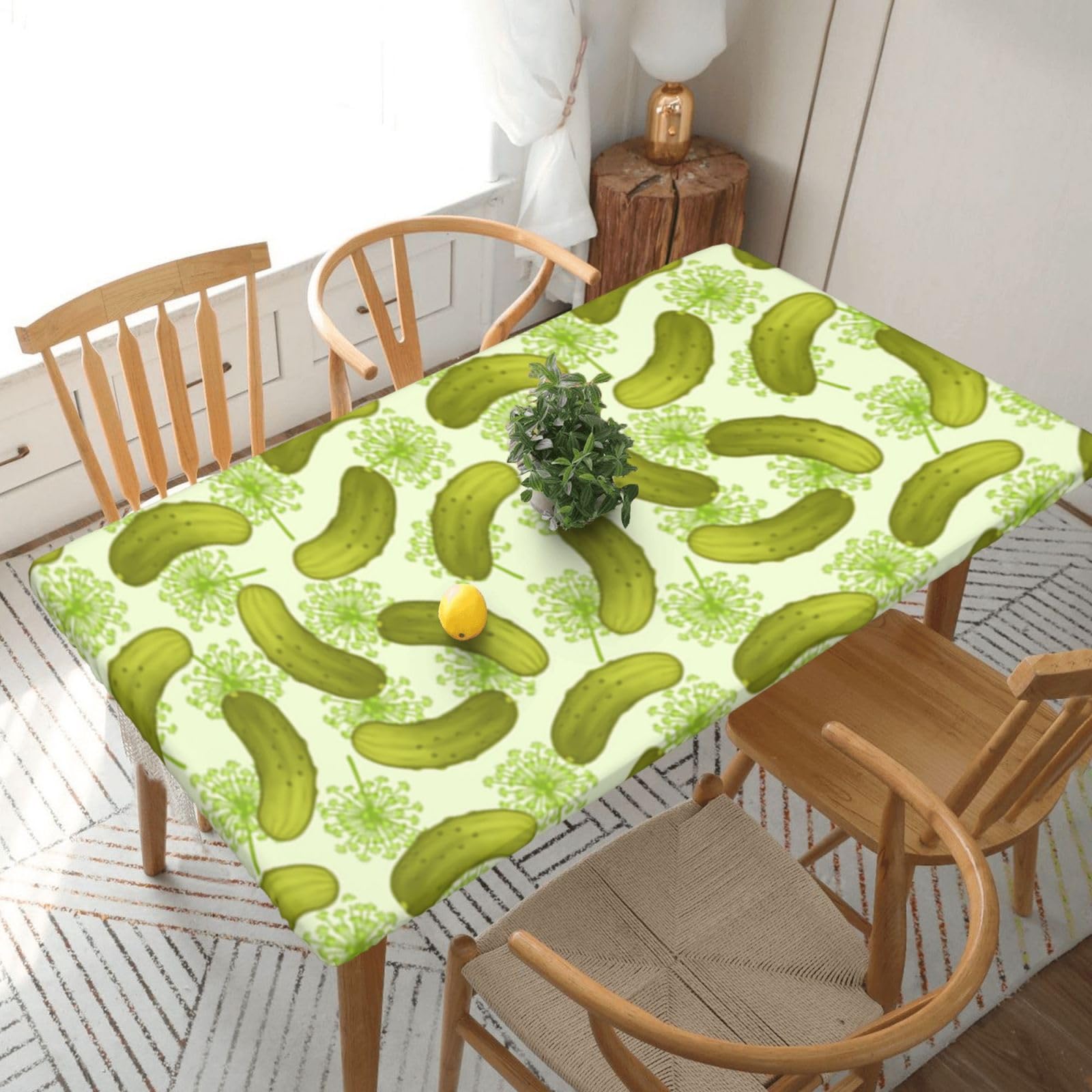 DCEHGEW Elastic Fitted Rectangle Tablecloth for 5ft Tables, Sushi Dill Pickles Printed Oilproof & Washable Fabric Picnic Table Cloth Table Covers