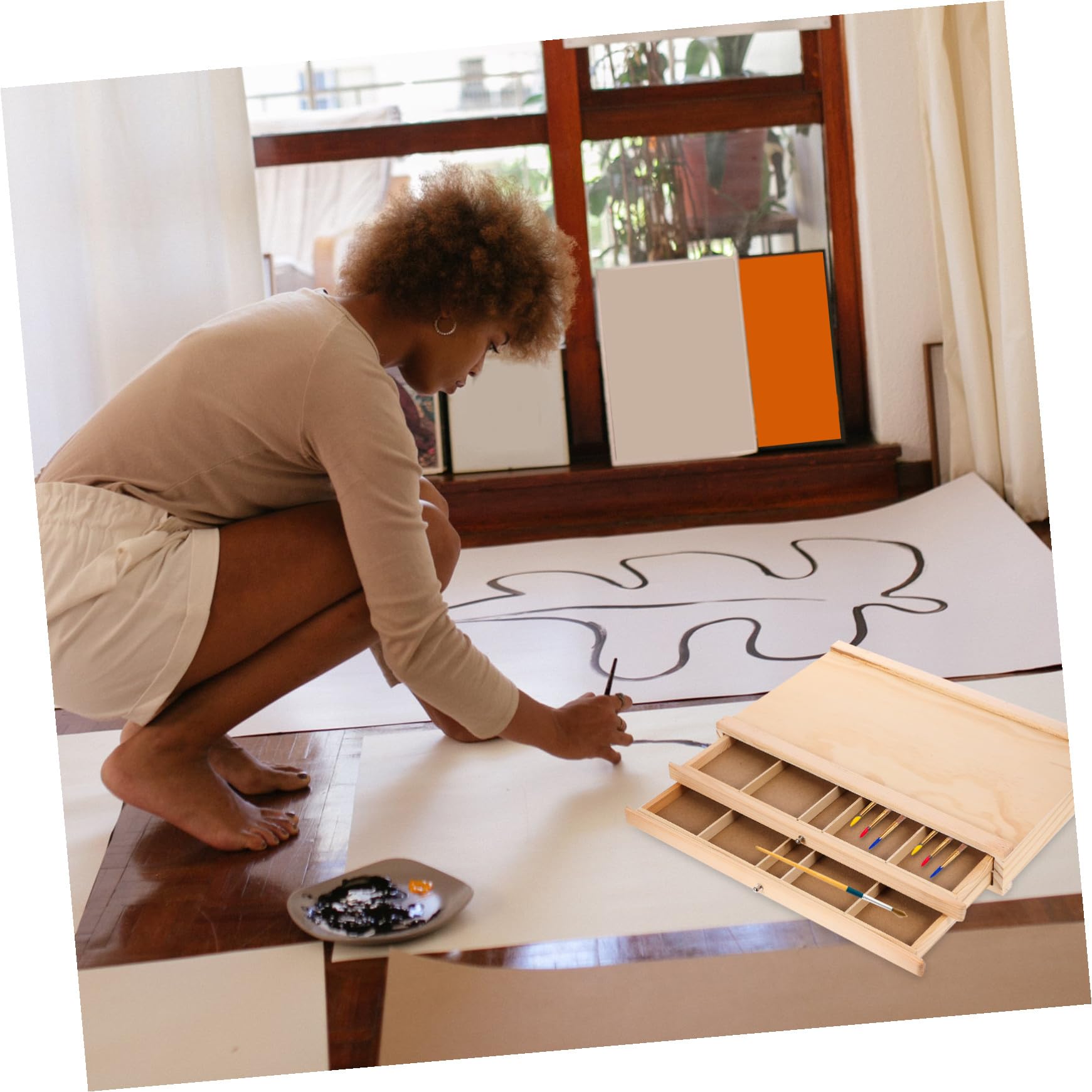 Holz Aufbewahrungsbox mit Zwei für Pinsel Stifte Marker Stabiler Tisch Organizer Leicht und Waschbar für Malutensilien und Schreibbedarf Zuhause