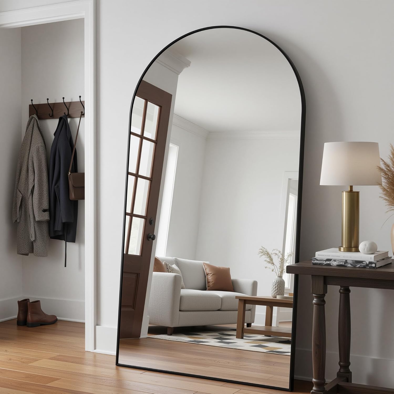 Full Length Mirror, 82"x44" Arched Floor Mirror Freestanding, Floor Standing Full Body Mirror with Stand for Bedroom, Hanging Mounted for Living Room Cloakroom, Black