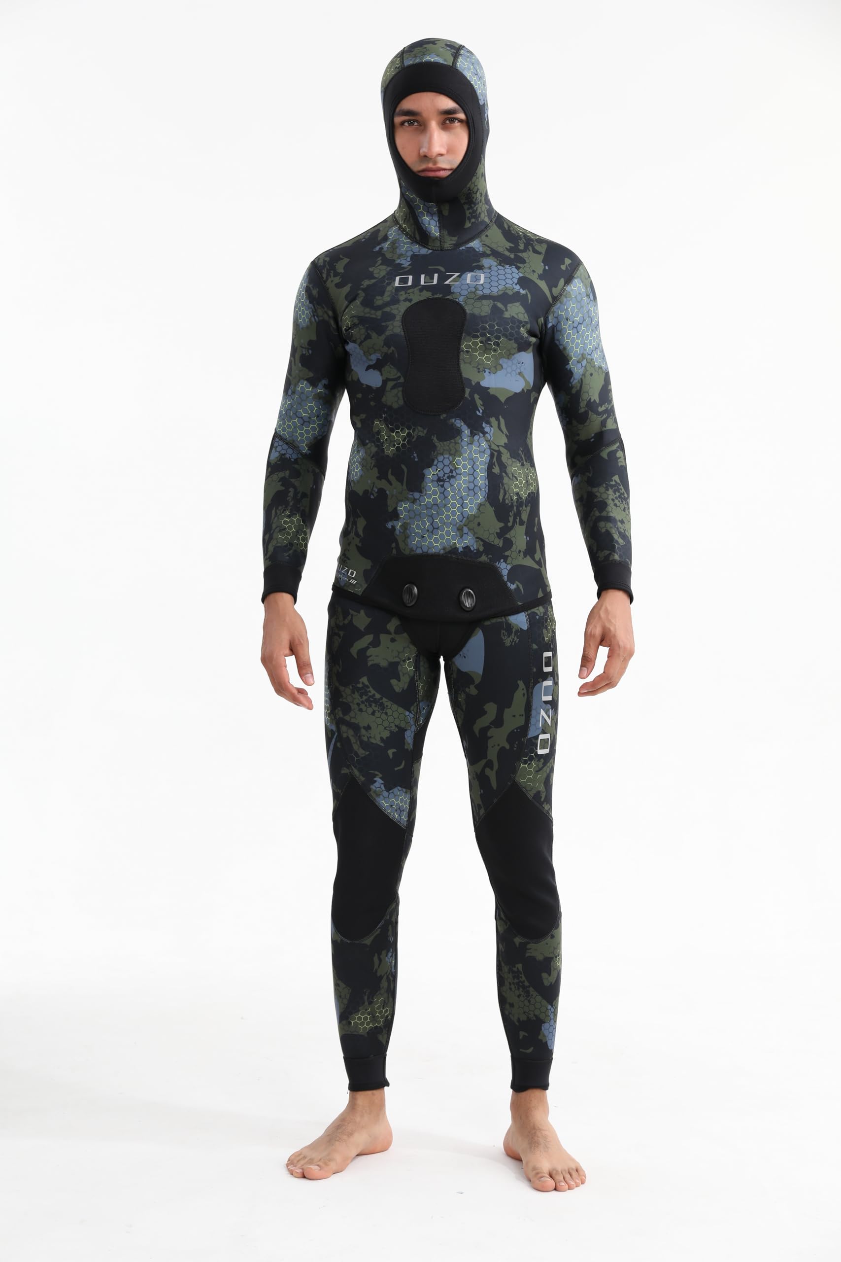 Men’s 5mm Neoprene Wetsuit - Hooded Spearfishing Diving Suit with Blind Stitch for Hunting, Winter Swimming, and Scuba Diving (Camo Green, Large, 5, Millimeters)
