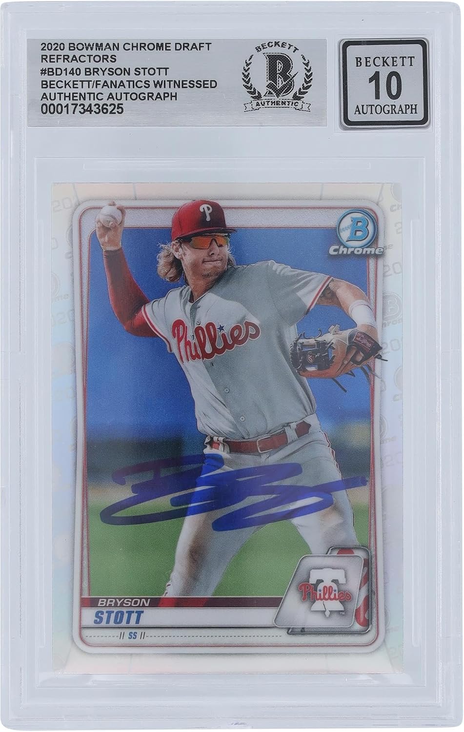 Bryson Stott Philadelphia Phillies Autographed 2020 Bowman Chrome Draft Refractor #BD-140 Beckett Fanatics Witnessed Authenticated 10 Card - Baseball Slabbed Autographed Cards