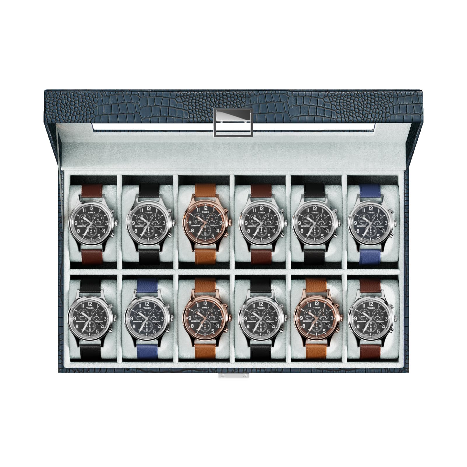 HVMBEUGOS Watch Box Organizer for Men, 12 Slot Watch Display Case With Glass Lid, PU Leather Watch Storage Mens Watch Case, Watch Holder Organizer for Men Women -12 Slot, CrocCobaltBlue