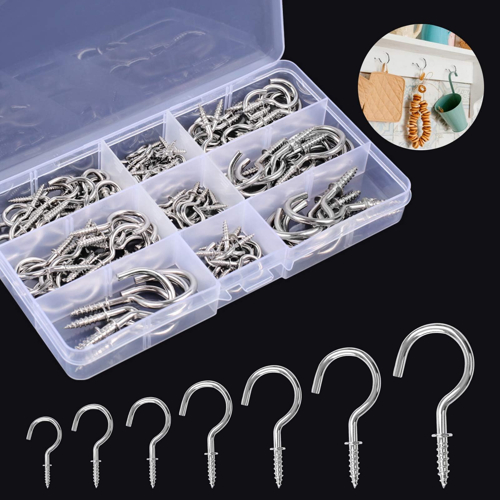 Screw Hooks 7 Sizes, 120 Pieces Cup Hooks Nickel Plated Hooks Metal Screw-in Eye Hooks Ceiling Hook for Cabinet Shelf (Silver)