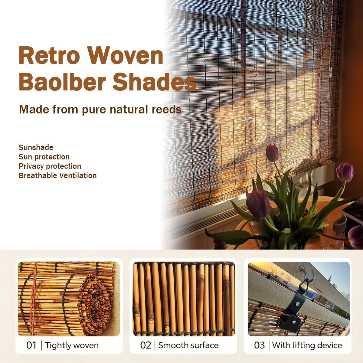 Naturel Store Bambou Enrouleur D'occultation 70% Stores Venitien Bambou Interieur Extérieur pour Fenêtre Porte Imperméables Intimité Rideau de Roseau Rétro Store en Bambou(W140cm x H200cm)