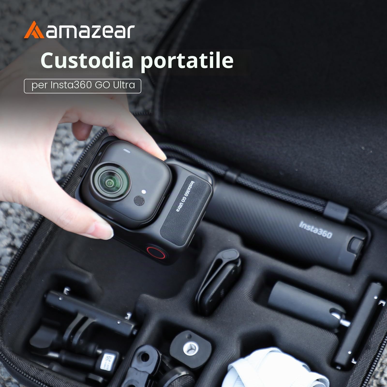 AMAZEAR Custodia da Trasporto per Accessori Insta360 GO Ultra - Borsa da Viaggio Impermeabile con Tracolla, Guscio Rigido per Protezione e Organizzazione, Nero