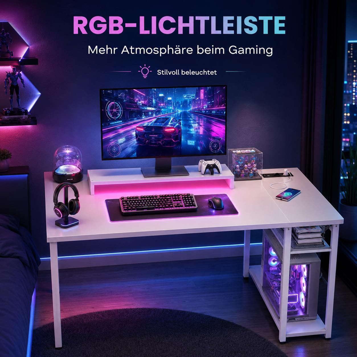 iSunirm Gaming Tisch 100x50cm Weiß mit LED & 2 Steckdosen + 2 USB, Computertisch mit Monitorständer, Wendbarer Kleiner Tisch für Homeoffice & Gaming Room Gaming Schreibtisch