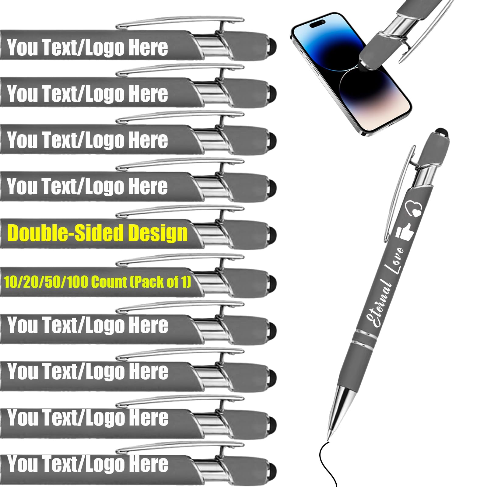 Personalised Gel Ink Rollerball Pens Bulk, Retractable Ballpoint Pens, Customised Laser Engraved Stylus with Name,Text,Logo Metal Ballpoint Pen Gift for Office Business School Dark Gray 10 PC โ image 1