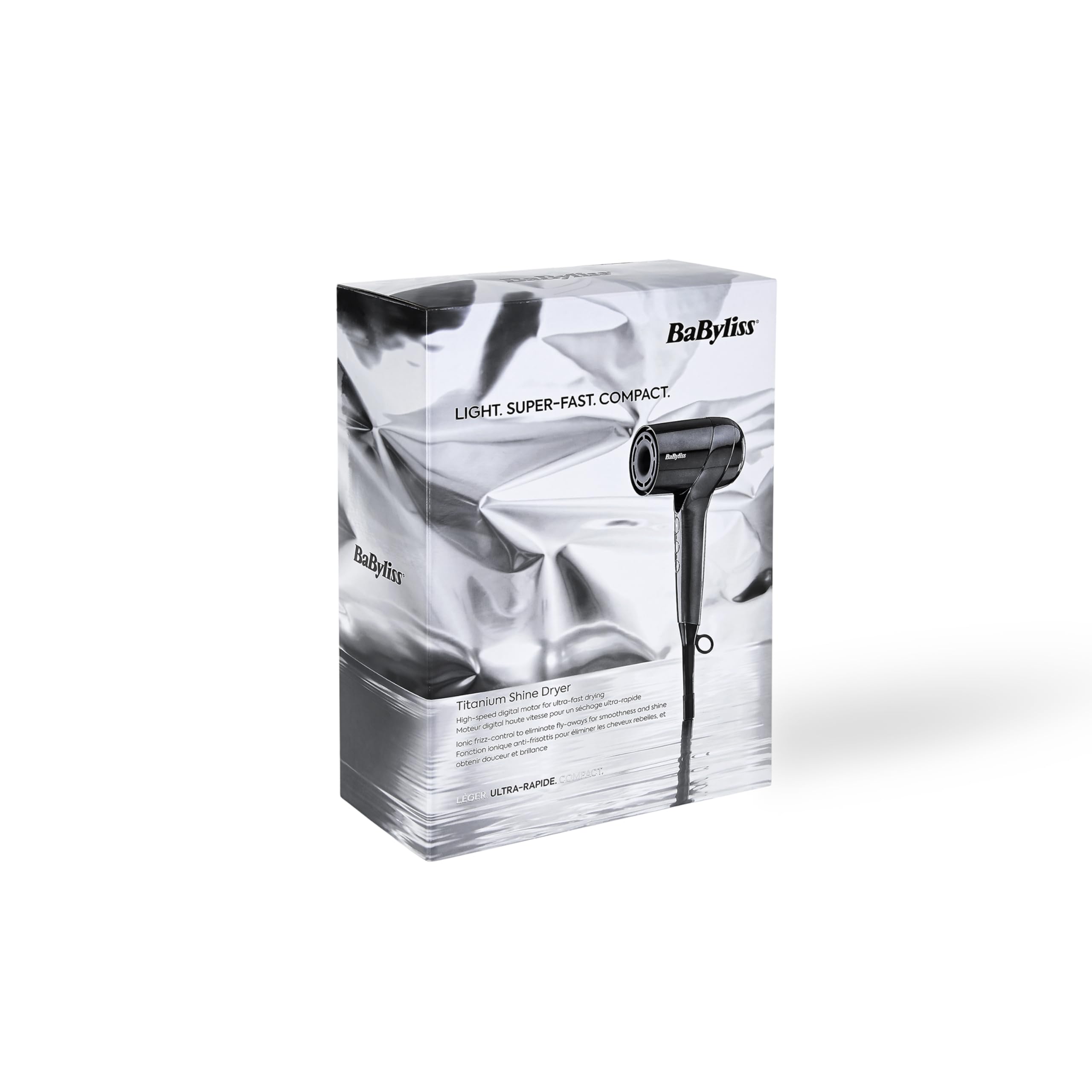 BaByliss Sèche-Cheveux Titanium Shine avec Diffuseur – NOUVEAUTÉ 2025, Sèche-cheveux puissant et compact, Design ergonomique, Ionique anti-frisottis, 3 température & 3 vitesses, Argenté, D6200DE
