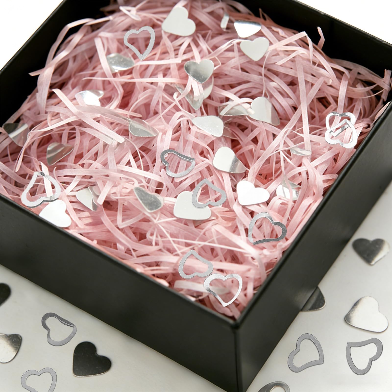 LIANRISES 100g Pink Shredded Paper for Hampers, Christmas Shredded Tissue Paper Filling for Valentine's Day, Wedding, Birthday, Baby Shower, Gift Packaging, With 10g Heart Confetti