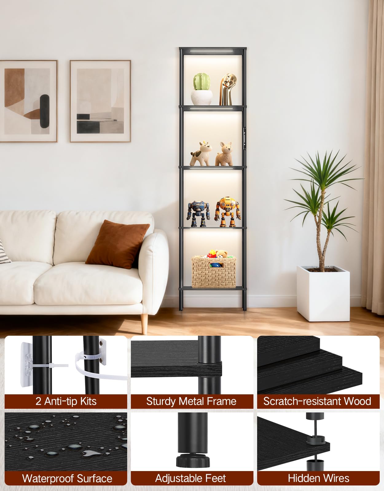 Stehlampe mit Regal, LED-Dimmbar, 3 Farbtemperaturen, Touch & Fernbedienung, Bücherregal mit Licht, Standregal aus Holz, Modernes Design für Wohnzimmer, Schlafzimmer, Büro(Schwarz)