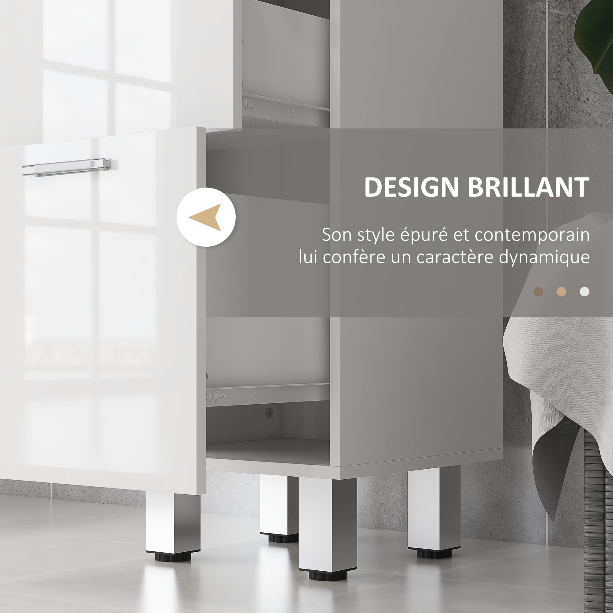 kleankin Meuble de Salle de Bain, Meuble de Rangement, Meuble de Toilette sur Pied avec 4 tiroirs et Base surélevée, Commode Salle de Bain, Salon, Chambre, 30 x 30 x 93 cm, Blanc Brillant