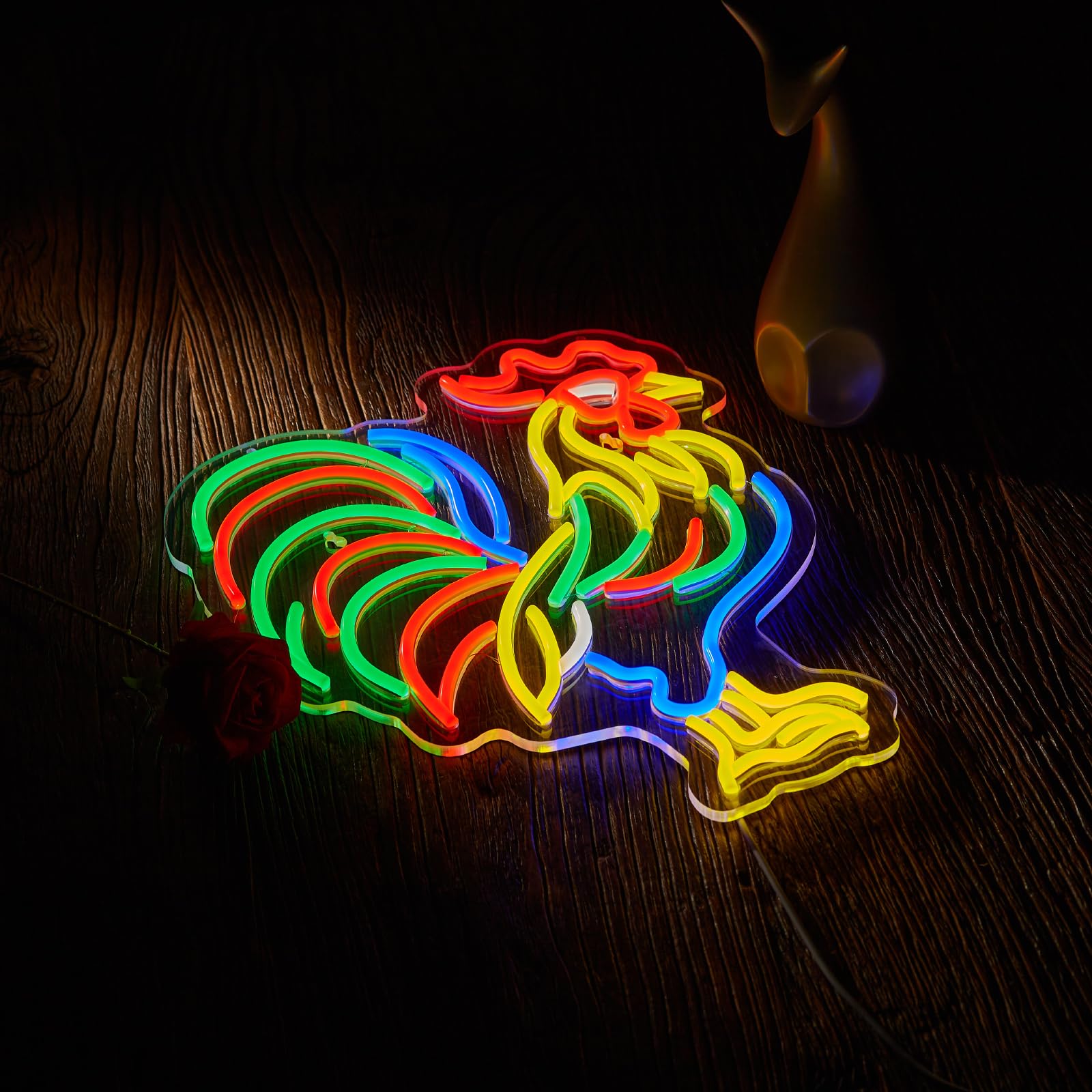 Roouneon Letrero de neón de gallo para decoración de pared, letreros LED de pollo con interruptor regulable, luz de decoración artística para hombre, cueva, cerveza, bar, sala de juegos