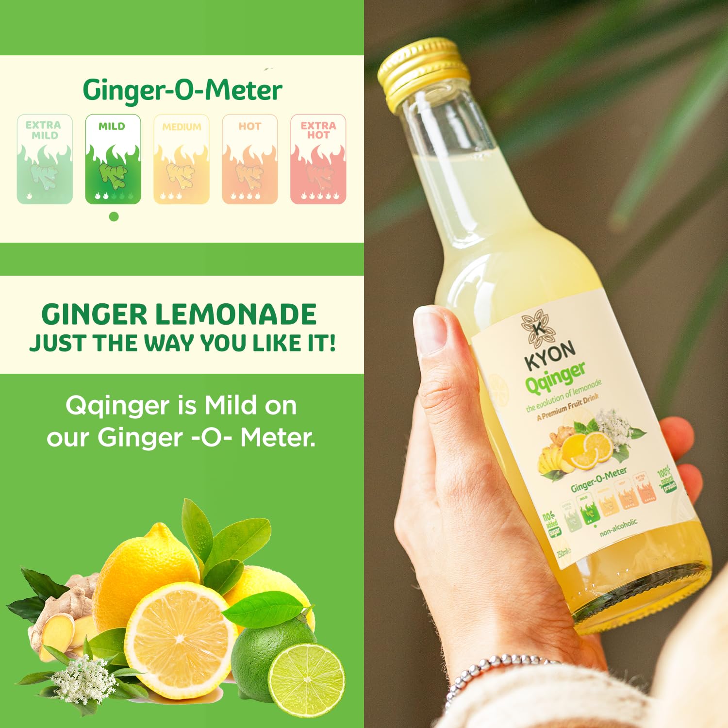 Bebida Kyon Qqinger – 250 ml de zumo de jengibre con limón, lima y flor de saúco. Refrescante y sin alcohol. Disponible en paquetes de 24. (250ml_24pk, Qqinger)