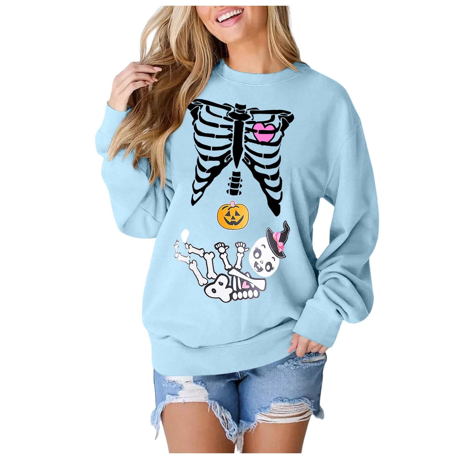 Sweatshirt femme manches longues bleu clair taille M haut pull décontracté graphique - 6