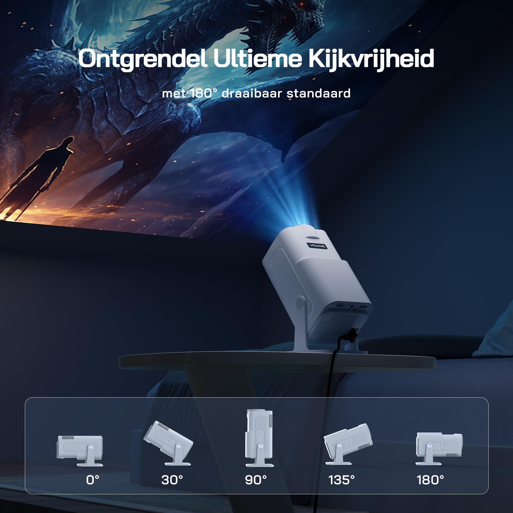 WOLFANG WP03 Mini Projector Full HD 1080P with Android App, Portable Projector with WiFi and Bluetooth for Home Cinema, Automatic Vertical Correction, 180° Rotating Outdoor Film Projector for
