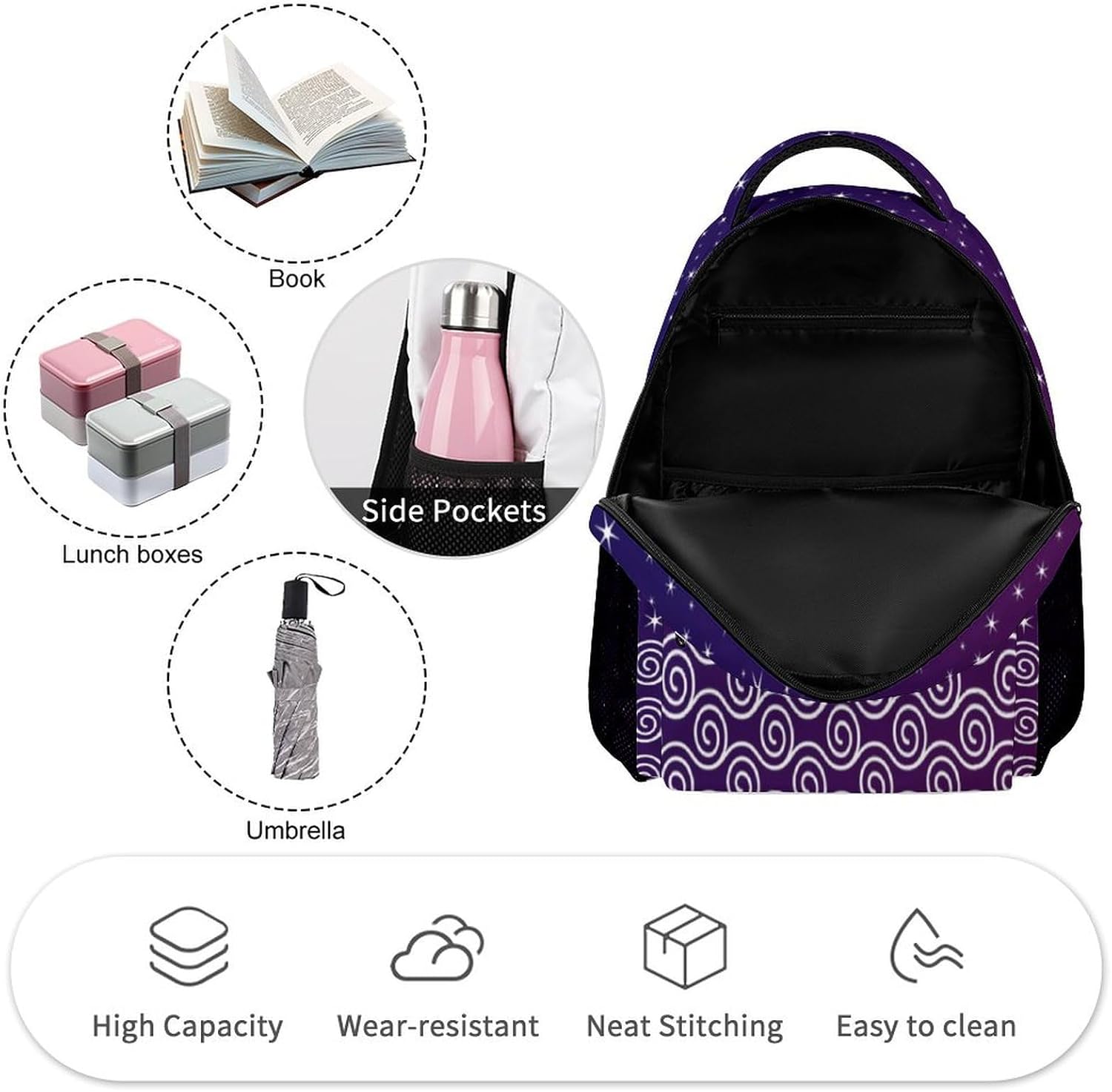 Peacock Backpack for Kids Girls Boys School, 16 Inches Cute Peacocks Theme Bookbag, Adjustable, Lightweight, Large Capacity, Colorful Daily Casual Purple Backpacks - Image 3