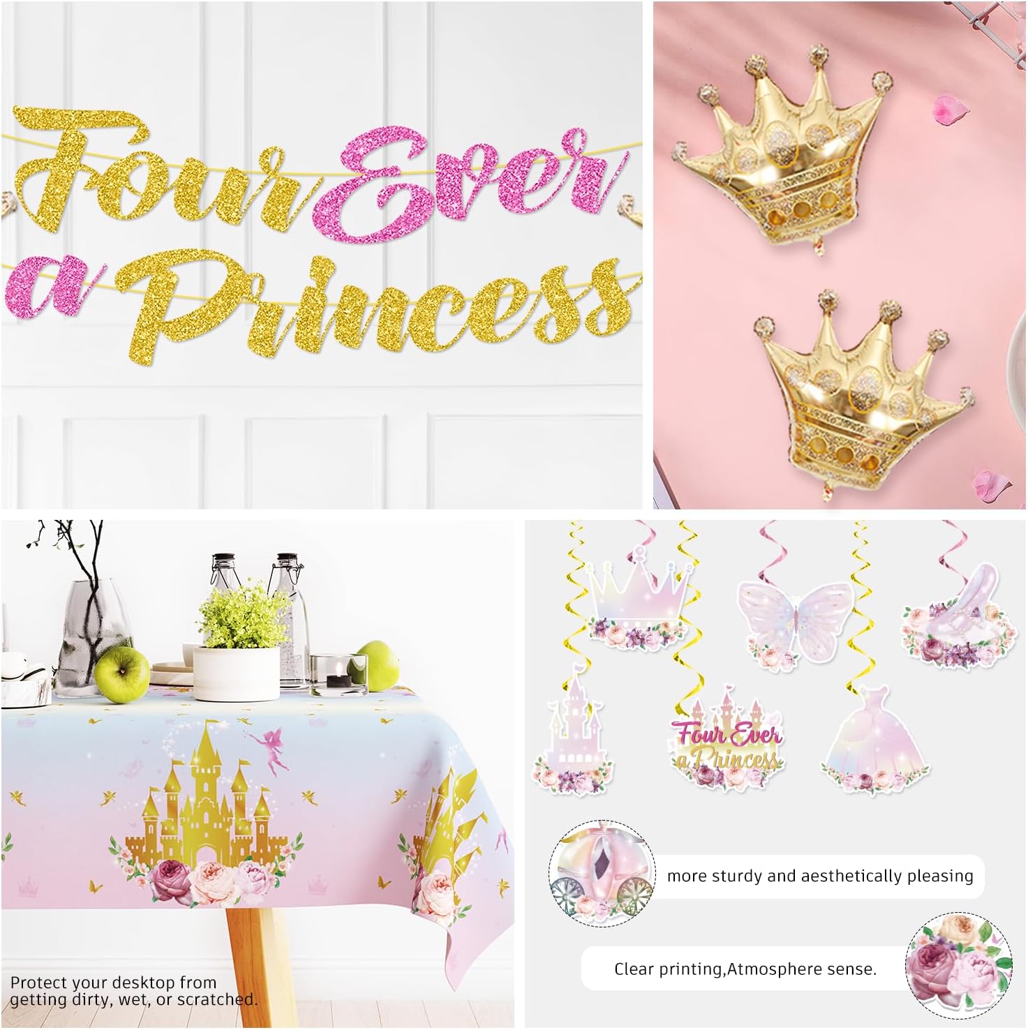 Xynic 201Pcs Four Ever a Princess Birthday Decorations Tableware Set Serves 25, Princess party Supplies Includes Banner, Plates, Tablecloth, Cake Topper, for 4th Birthday Decorations girl