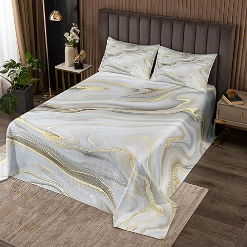 Erosebridal Juego de edredón de acuarela de mármol tamaño King para todas las edades, juego de ropa de cama metálica dorada con líquido de montaña,