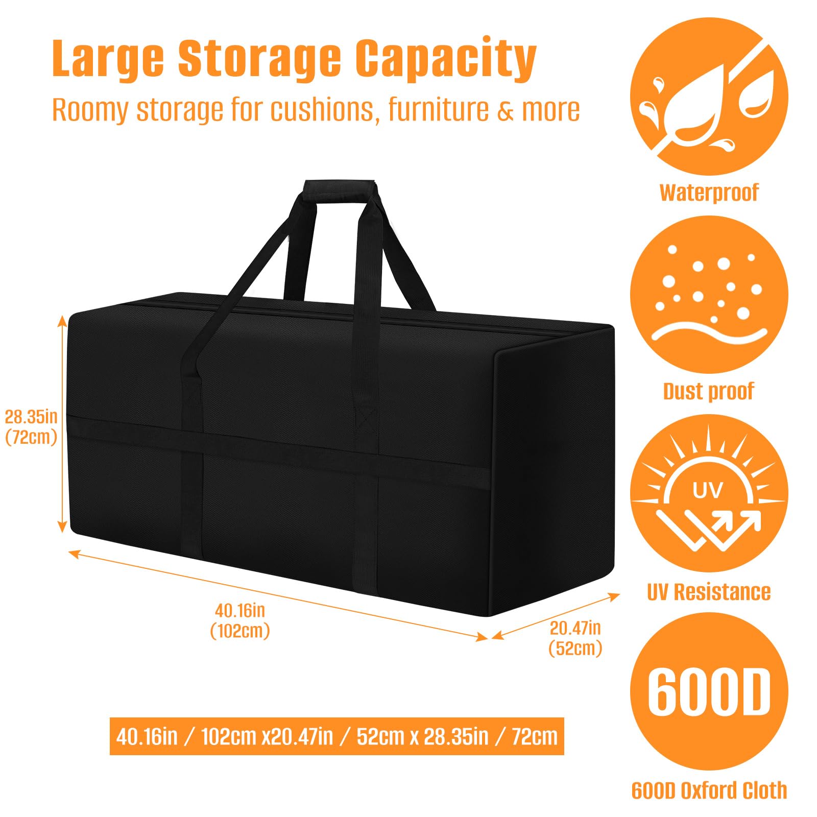 Borsa porta cuscini da giardino, 600D Oxford, 102 x 52 x 72 cm | impermeabile, con cerniera e maniglia imbottita