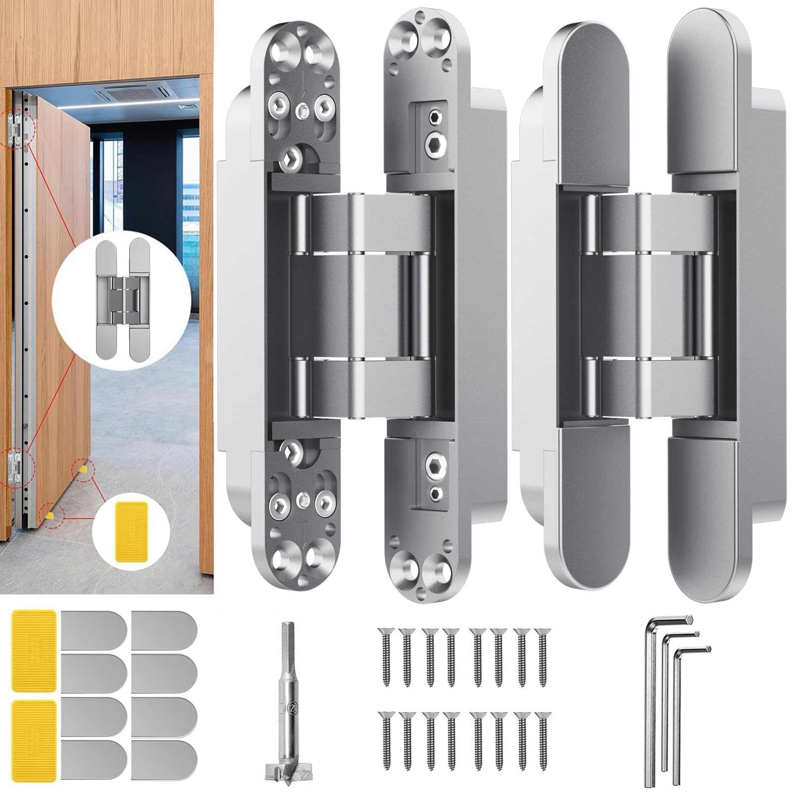 7" Hidden Door Hinge/Concealed Hinges,Invisible Hinges,Invisible Door Silent 180 Degree Swing Hinge 3-Way Adjustable Butt 7 x 2.8 x 1 (2, Silver, 7 inch)