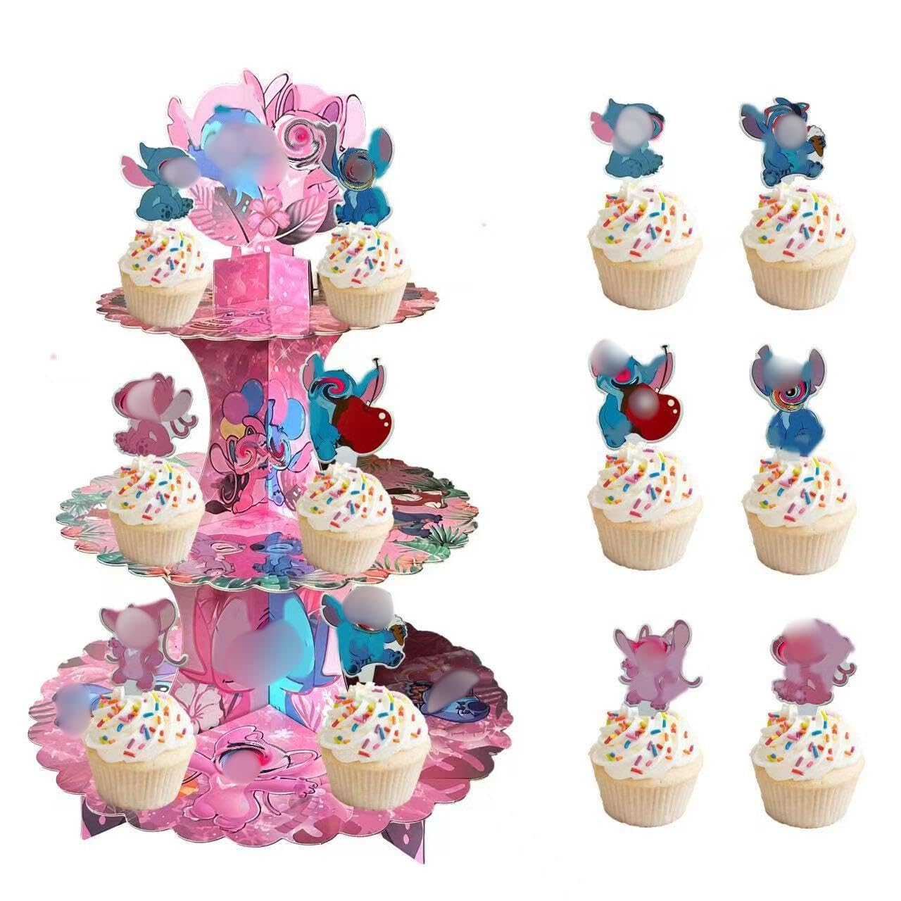 3 Sturdy Tier Pink Aloha Luau Theme Cupcake Stand Holder with 24 pcs of Cupcake Toppers for Birthday Decoration Party Supplies and School Celebration