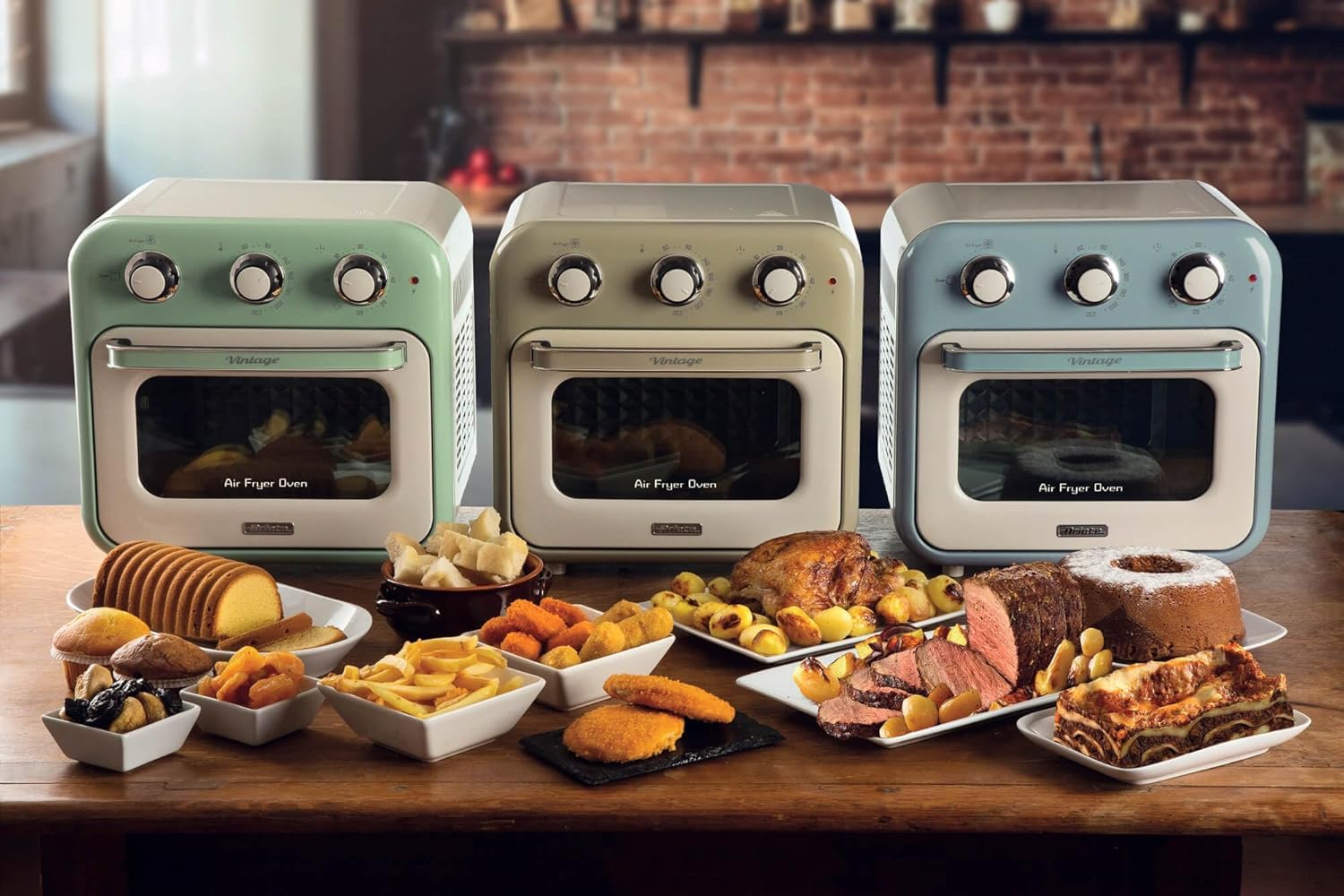 Ariete Vintage, 4632 2-in-1 Heißluftfritteuse und Ofen, 16 L Fassungsvermögen, Körbe und Drehspieß aus Edelstahl, Temperatur bis 230°C, 60-Minuten-Timer, Doppelverglasung, 1400W, Grün